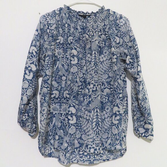 J.Crew Floral and Mermaid Print Pin Tuck Cotton/Silk Blend Top Size 0 - Picture 1 of 14